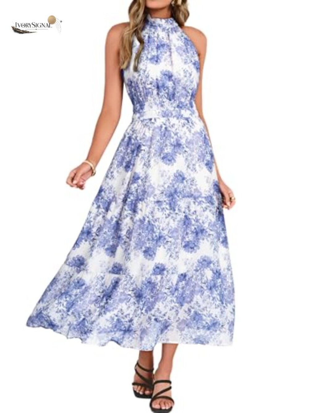 Halter Maxi Dress Floral Smocked Waist Tiered Ruffled Hem Sleeveless